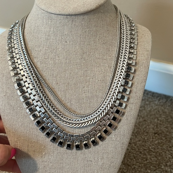Stella & Dot Electra statement necklace silver black gray stones rhinestones - Picture 3 of 8